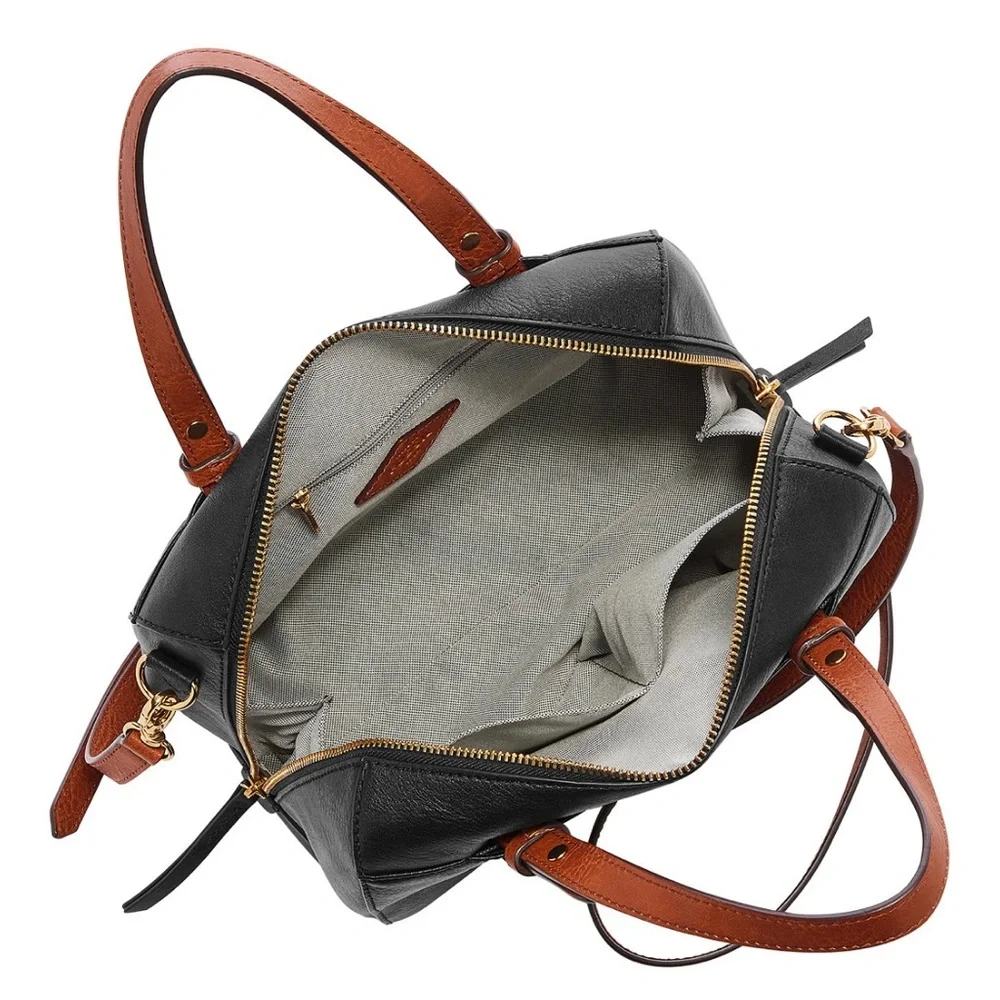 Fossil Black Brown Rachel Small Leather Satchel Purse Handbag Classic - no strap